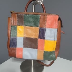 FOSSIL LEATHER CROSSBODY BACKPACK CONVERTIBLE BAG. PATCHWORK. MUST SEE!